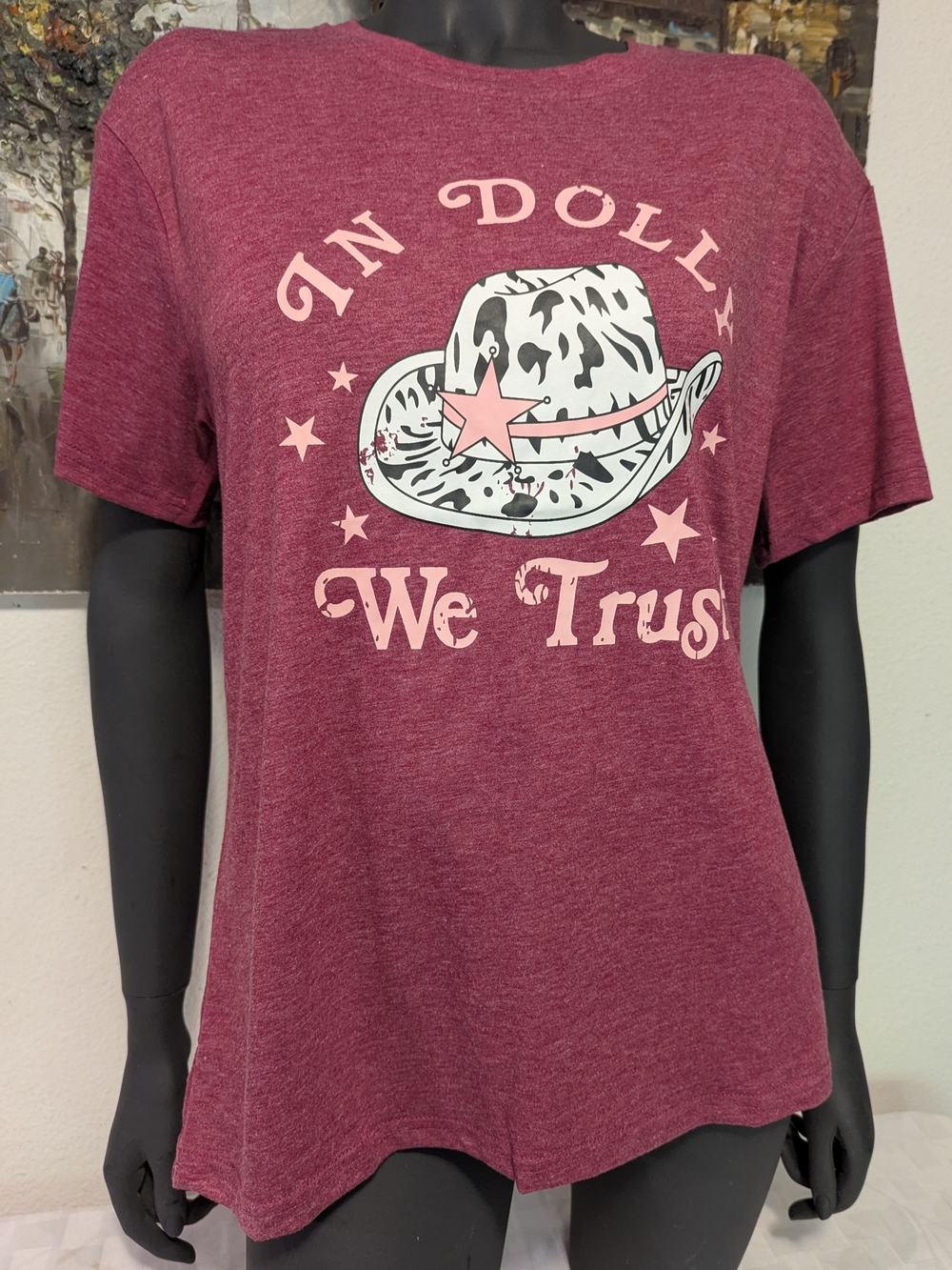 IN DOLLY We Trust Women's Short Sleeve Graphic Tee - Heather Wine Pink